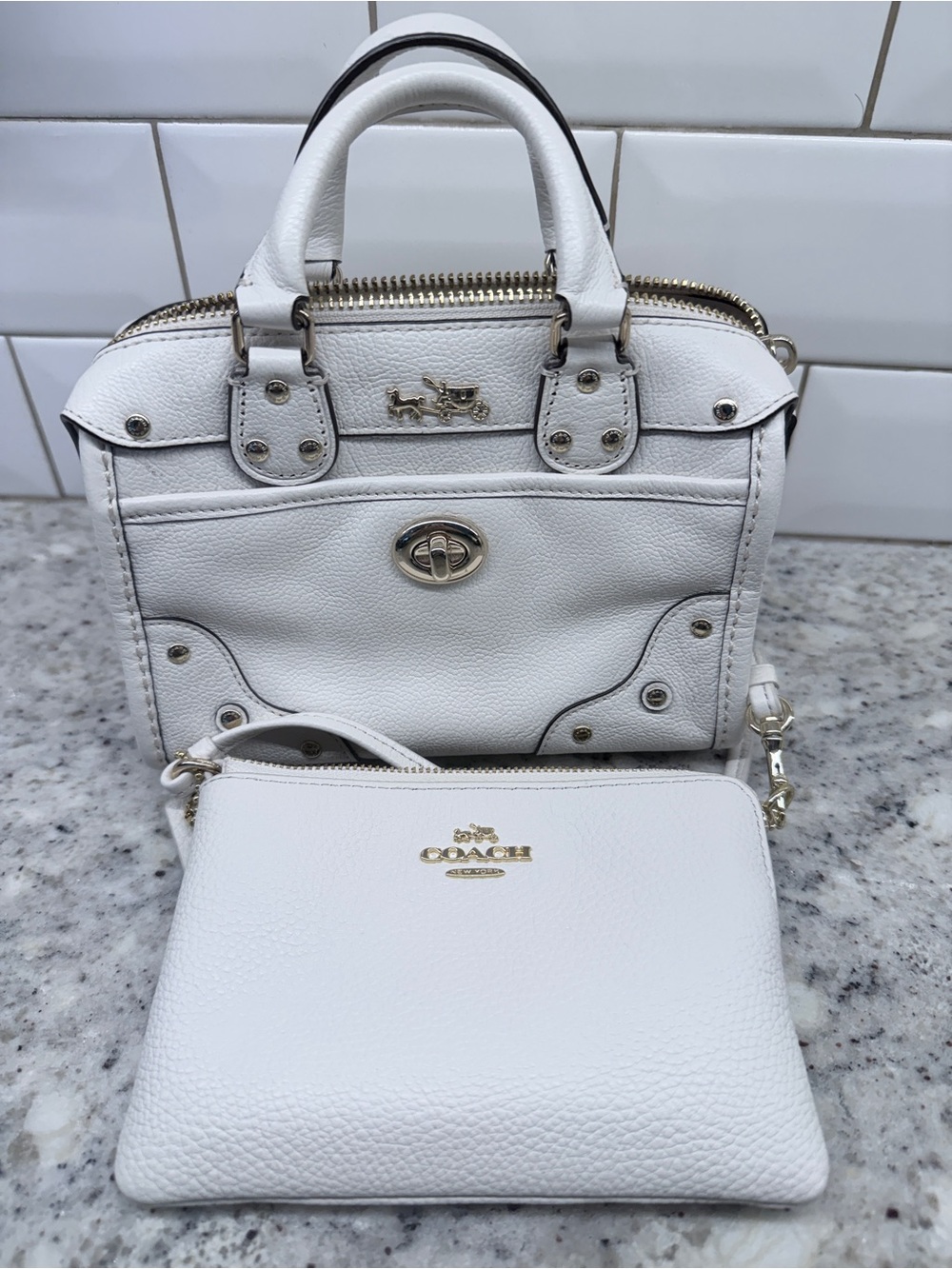 Coach White Leather Satchel with Matching Wristlet